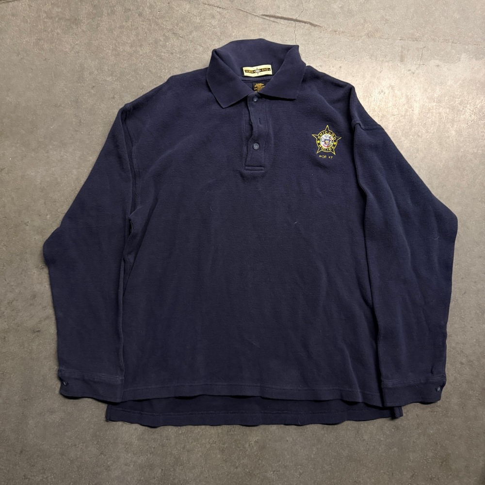 North End Chicago Police FOP 7 Long Sleeve Polo Shirt Navy Blue Mens Medium